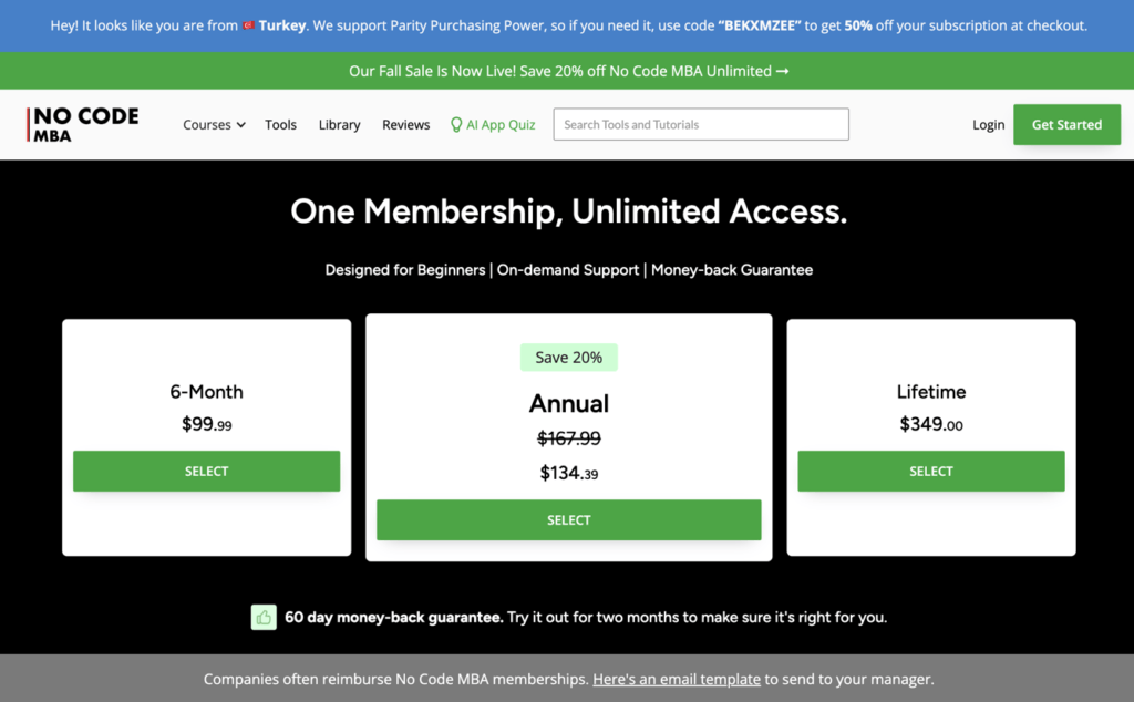 No Code MBA Pricing Page