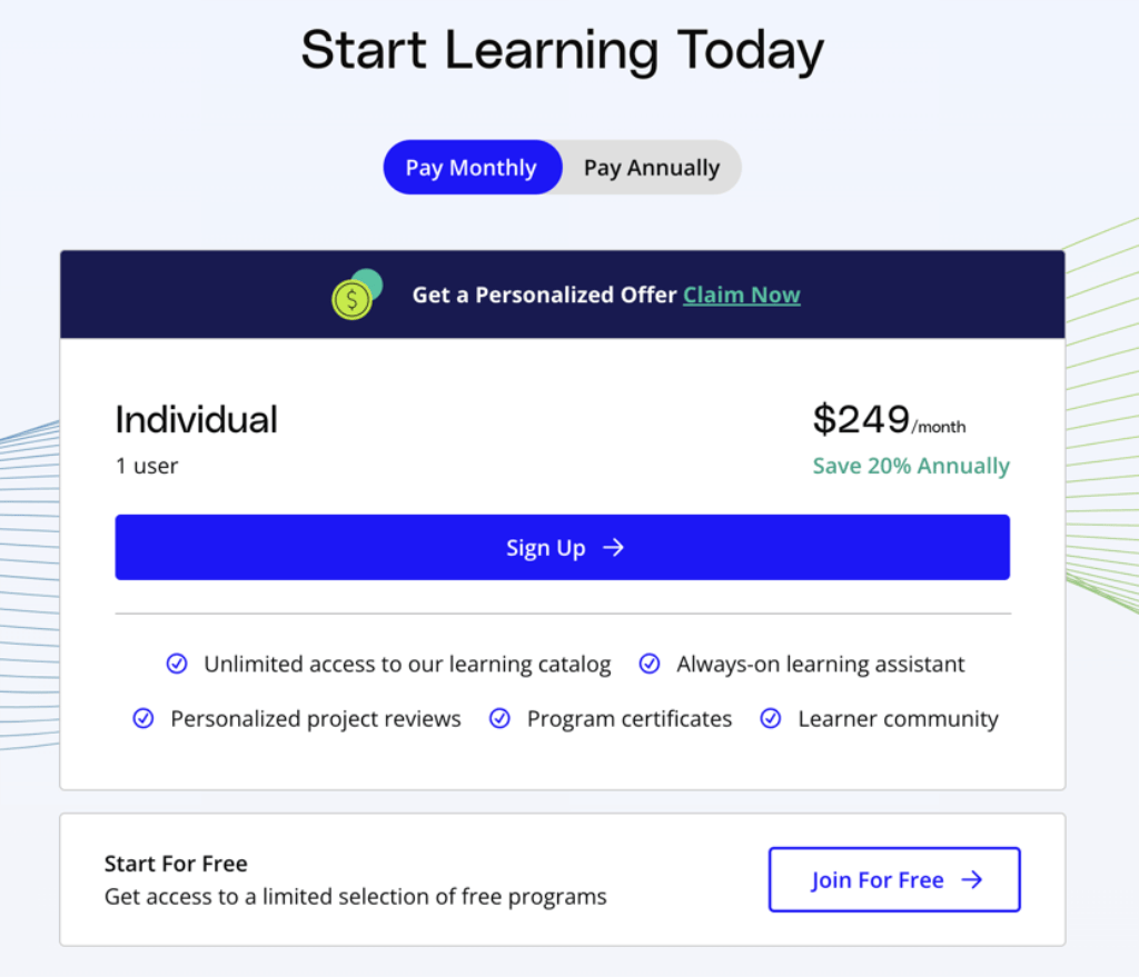 A screen shot of Udacity's new start learning page.