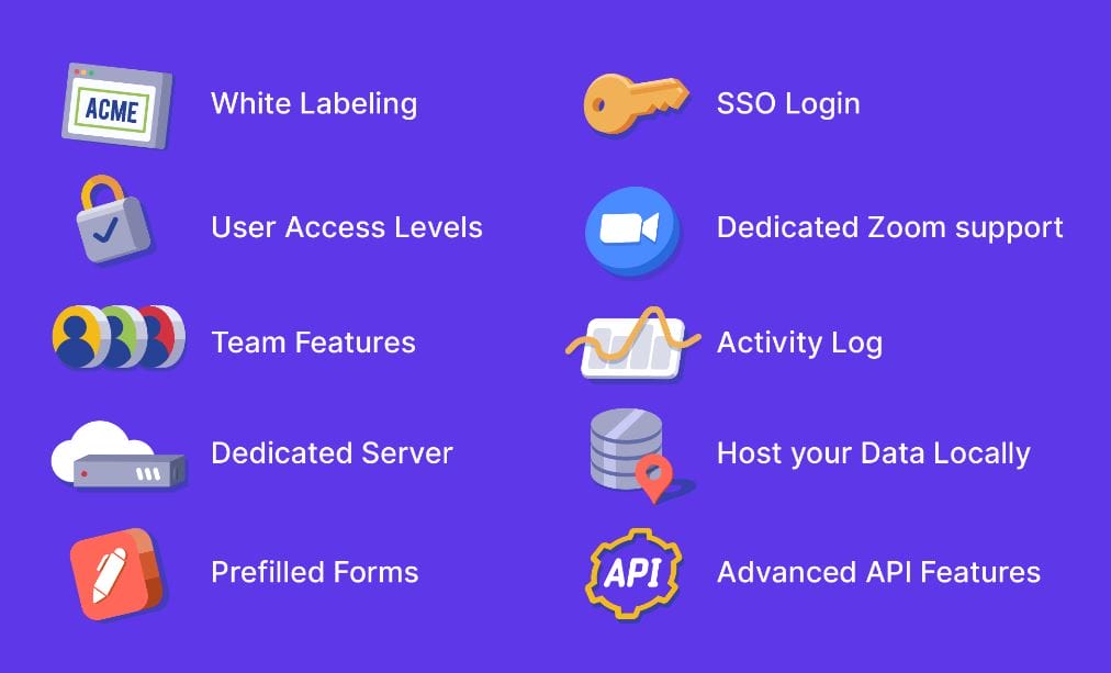 Purple background, icons.