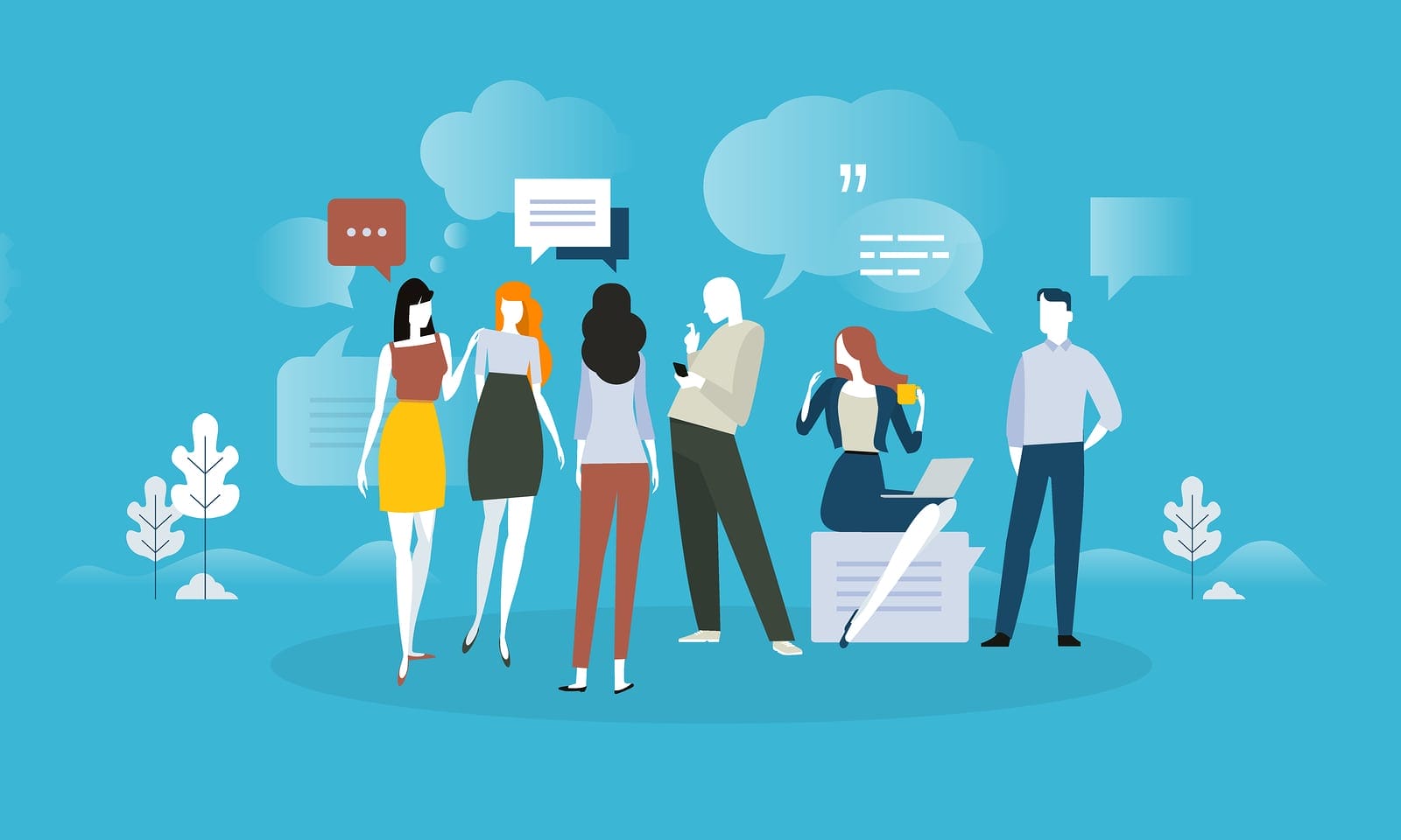 A group of people analyzing speech bubbles.