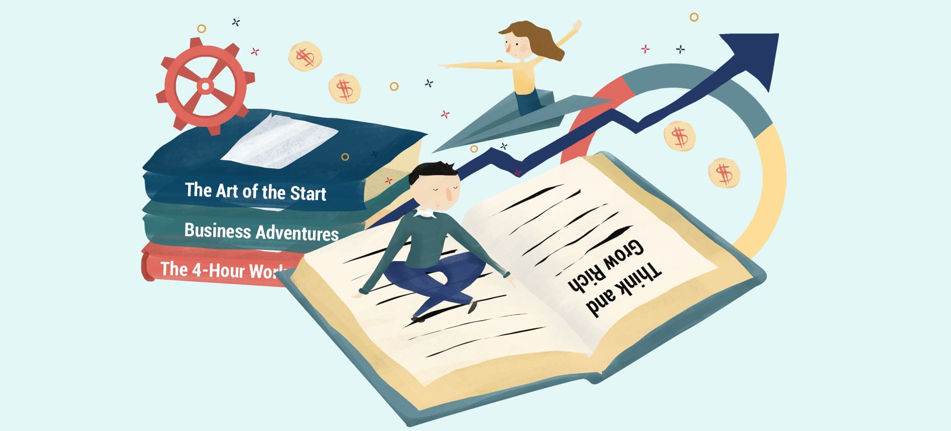 Illustration of a person sitting on top of one of the best books for startup founders.