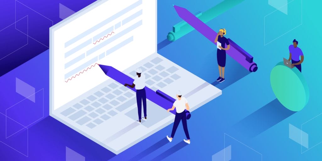An isometric image of individuals using a laptop for work.