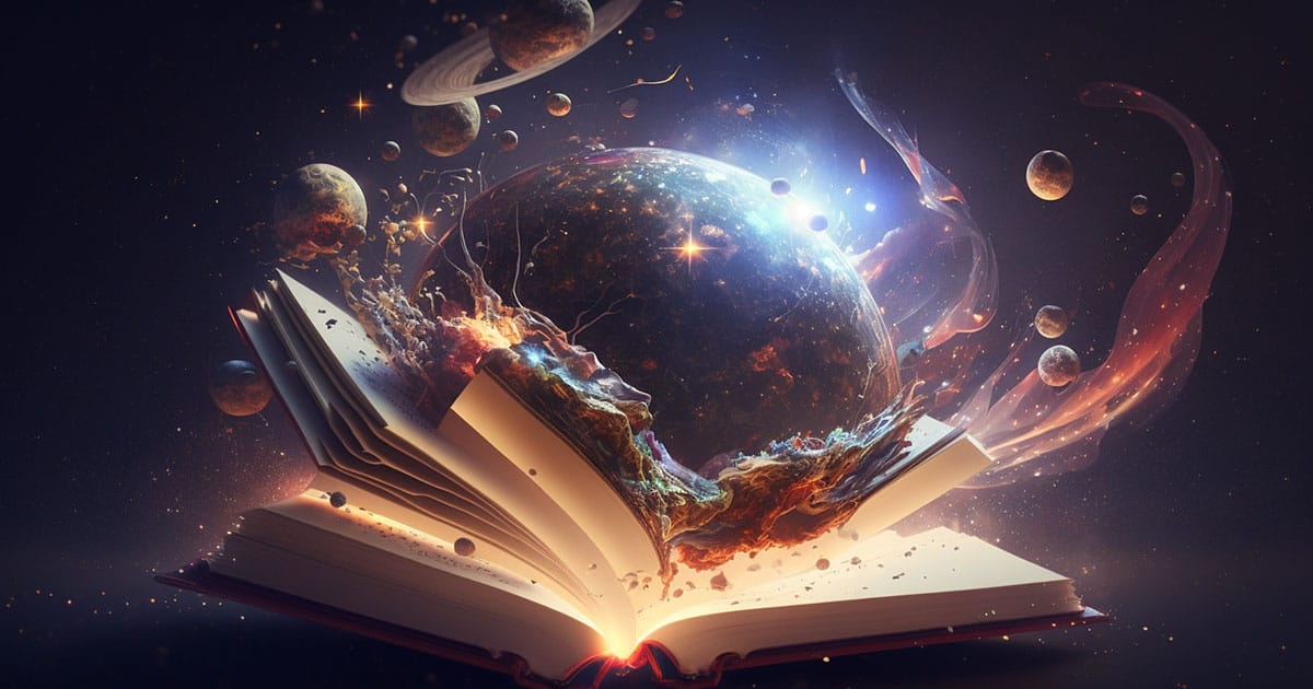 An open book with planets flying out of it, perfect for marketing entrepreneurs.