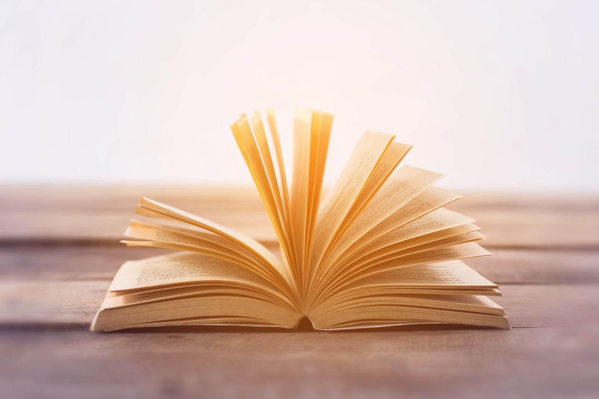 An open book on the wooden table.
