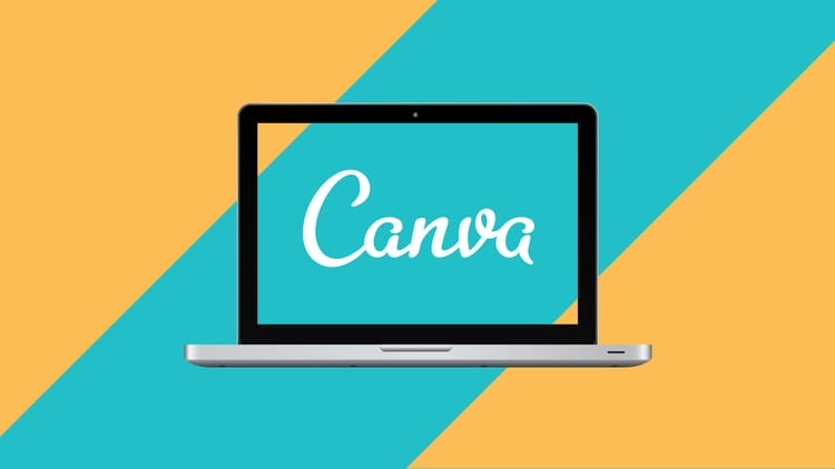 A laptop with the word canvas on it on a blue and yellow background is a great Canva alternative.