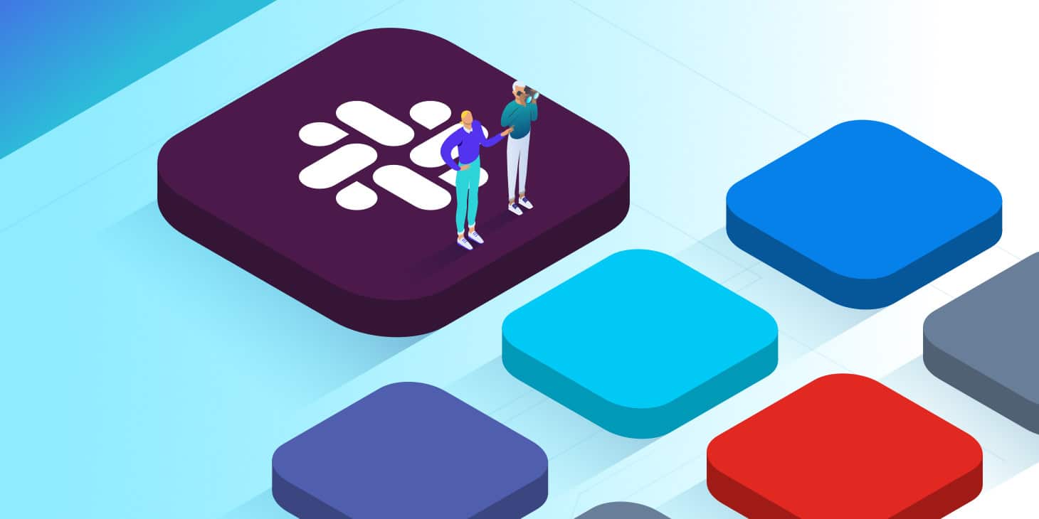 A group of people standing in front of colorful cubes.