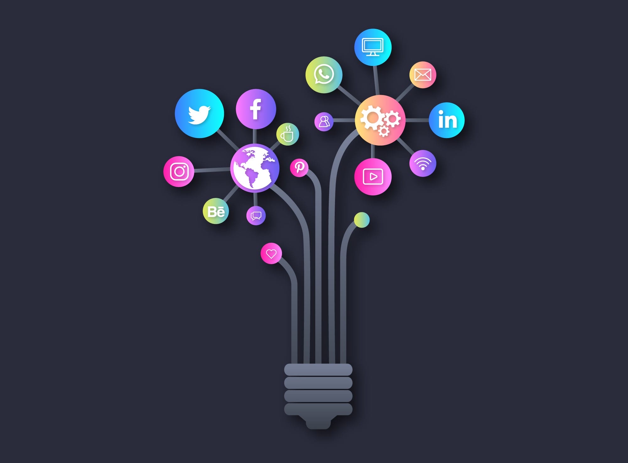 A mindset-illuminating light bulb with essential tips for solopreneurs, represented by social icons emanating from it.