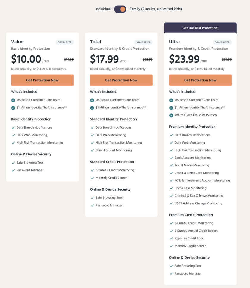 A screenshot of a pricing page for a website.