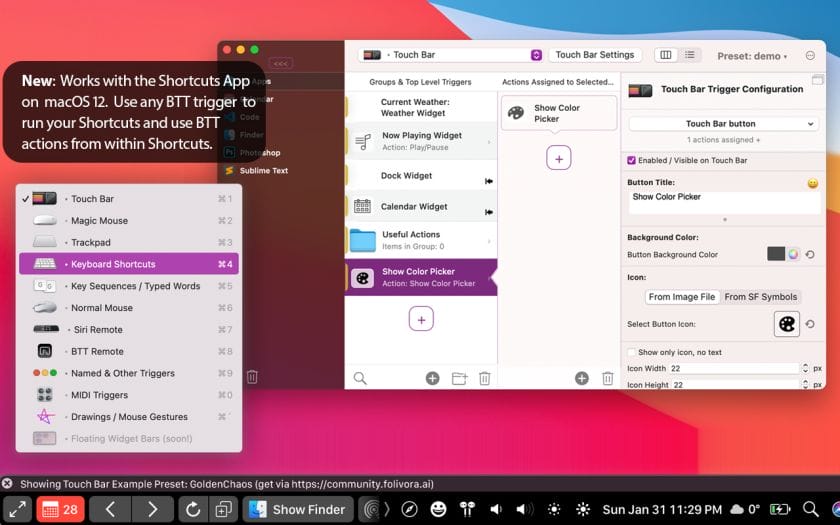 Screenshot of BetterTouchTool showing custom trackpad gestures