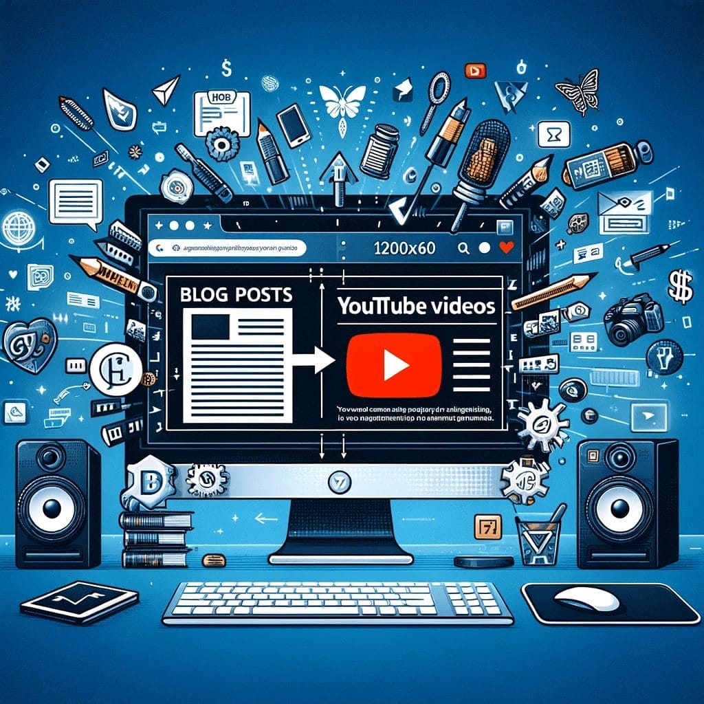 A vibrant illustration representing the transformation of blog posts to YouTube videos within modern digital content creation and consumption.