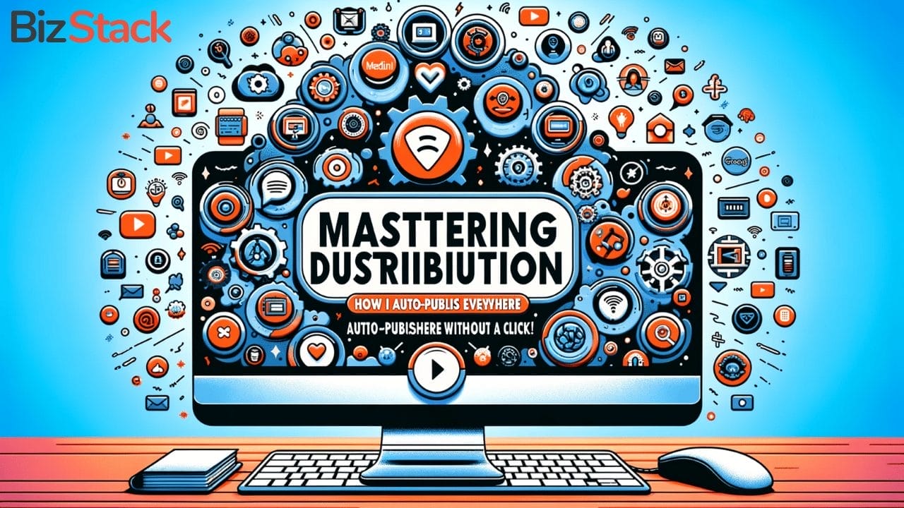 A vibrant digital illustration of a computer screen displaying the words "mastering content distribution," surrounded by various social media and technology icons, accompanied by a smartphone and a mouse on a desk.