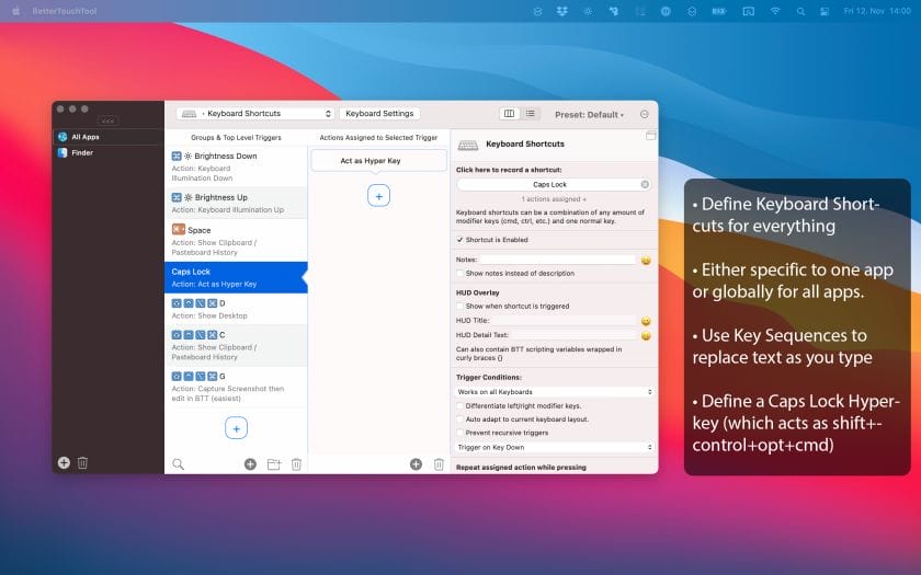 Screenshot of BetterTouchTool featuring Touch Bar customization