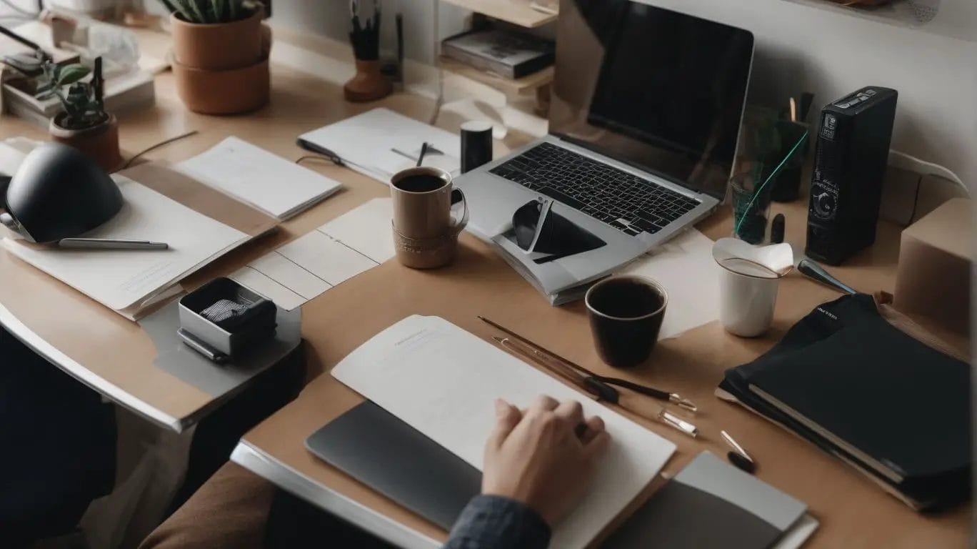 A person working at a desk with a laptop and a notebook.