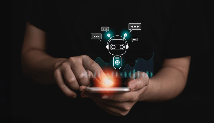 A person holding a smartphone with a graphic of a chatbot and interface icons hovering above it, symbolizing the best AI apps for Android in digital communication technology.