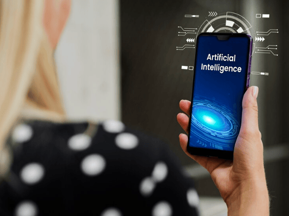 Woman holding a smartphone displaying "artificial intelligence" for AI Apps for iPhone, symbolizing technology and AI.