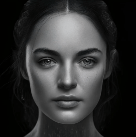 Monochromatic portrait of a woman with dark hair and an intense gaze, created by the best AI Photo Generator.