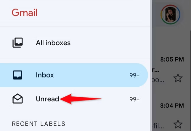A red arrow points to the "unread" folder in a Gmail inbox, indicating over 99 unread emails, showcasing how to delete all unread emails in Gmail.