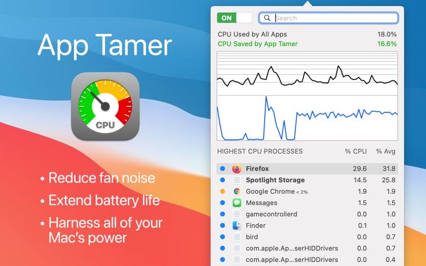 Screenshot of App Tamer showing app management