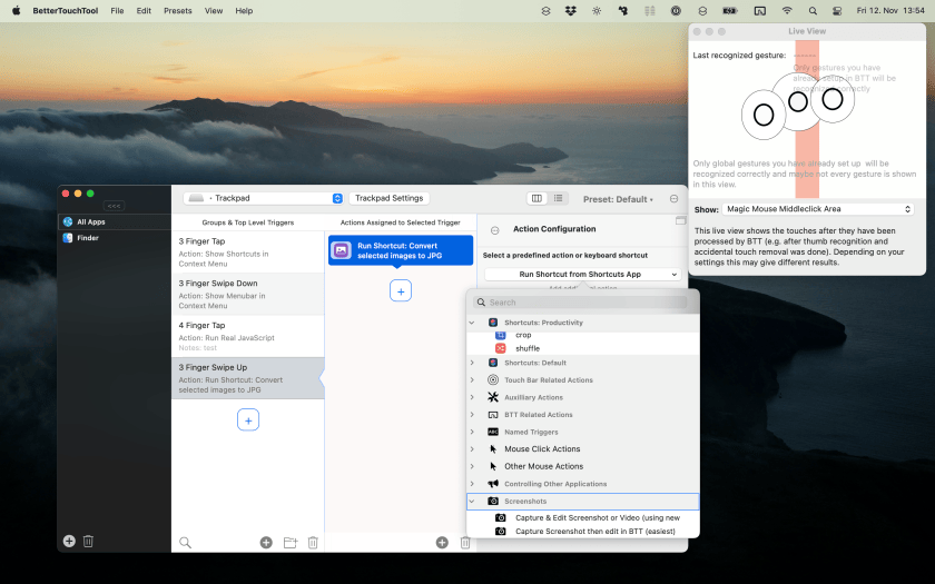 Screenshot of BetterTouchTool showing custom keyboard shortcuts
