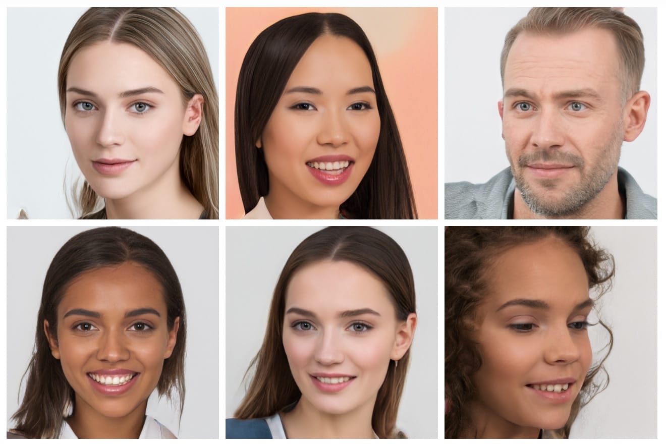 A collage of six diverse smiling faces created by the best AI headshot generator.