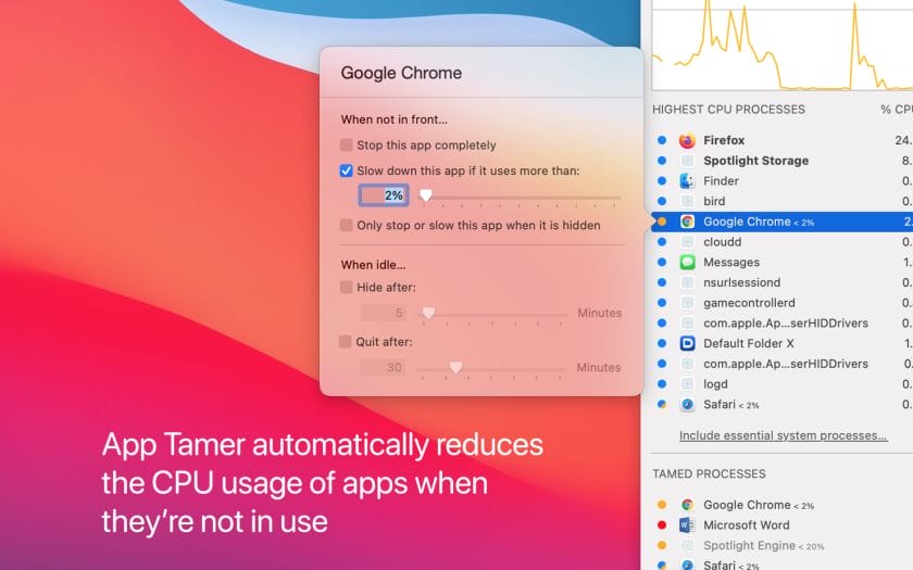 Screenshot of App Tamer settings