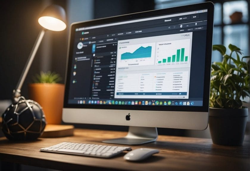 A computer screen displaying the Moosend platform with various audience engagement tools such as email campaigns, automation workflows, and analytics charts