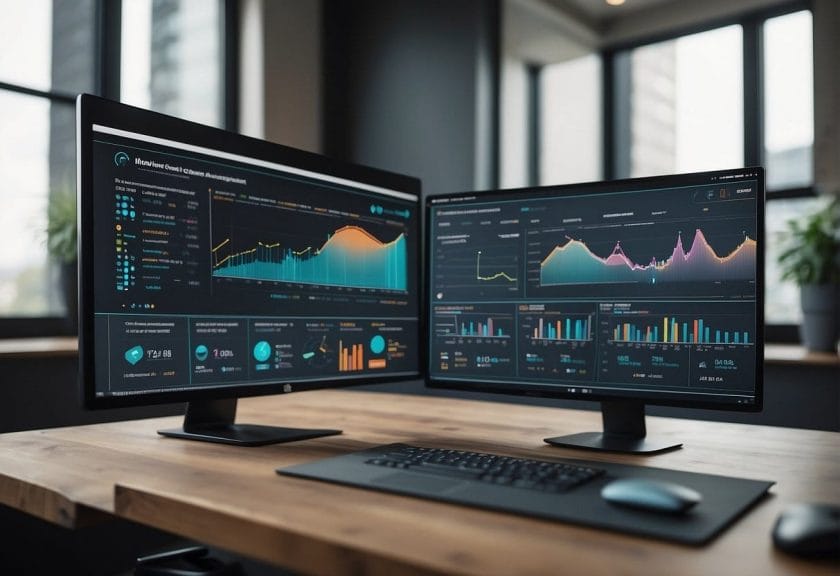 A sleek computer screen displays Moosend's automation and workflows interface, with colorful charts and graphs showcasing its review