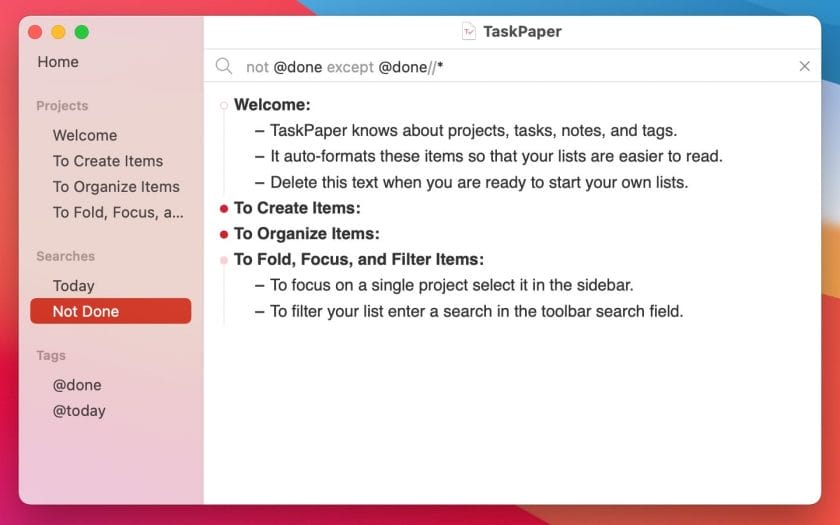 Screenshot of TaskPaper Task Entry