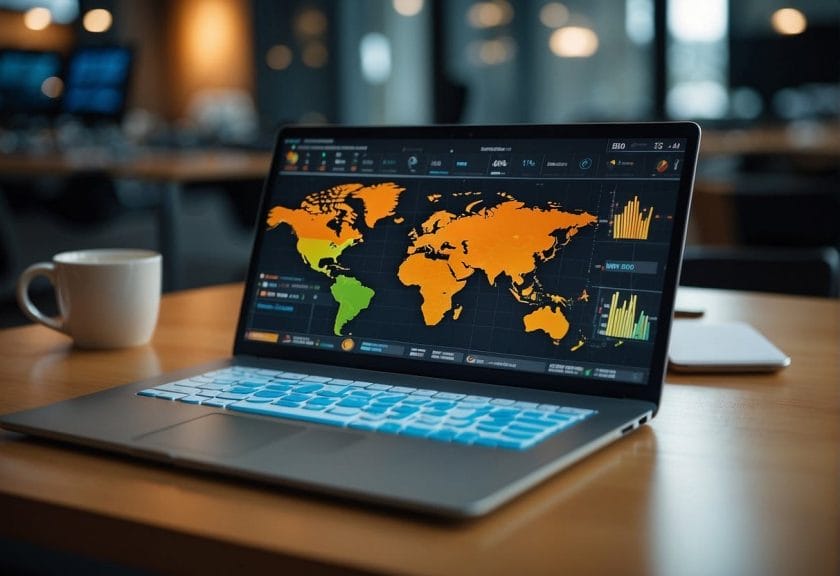 A computer screen displaying the Moosend dashboard with colorful charts and graphs, surrounded by a modern office desk with a laptop, notepad, and pen