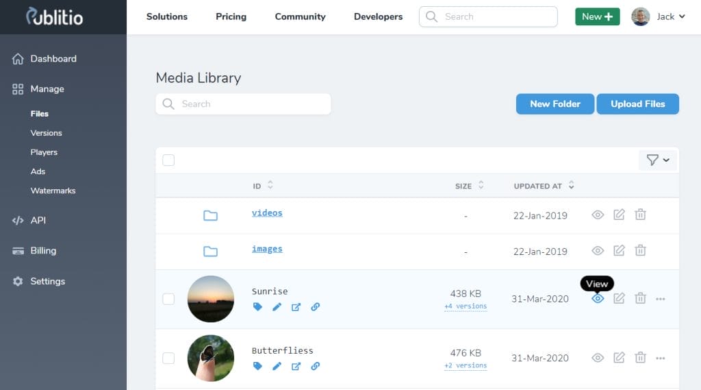 The screenshot of the Publitio media library interface highlights a couple of files, "Sunrise" and "Butterfliss," detailing their size, date, and available actions like view, edit, and delete—offering a glimpse into an efficient Imgur alternative for media management.