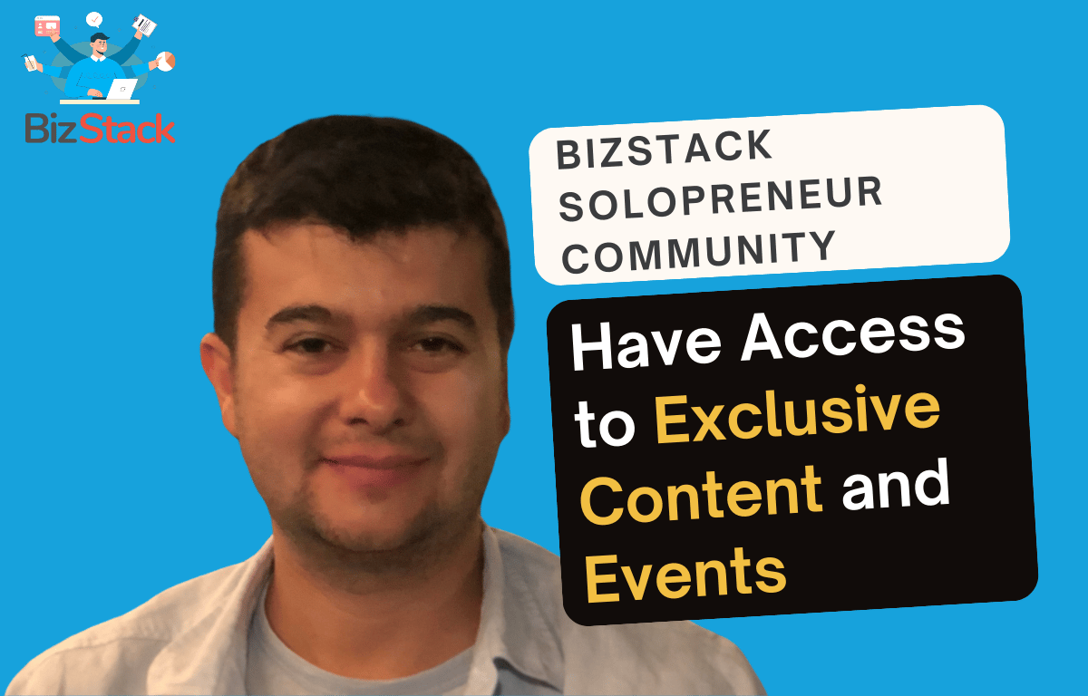 Promotional graphic for BizStack Solopreneur Community featuring a member with an invitation to exclusive content and events, including a Founding Member Offer for the solopreneur community.
