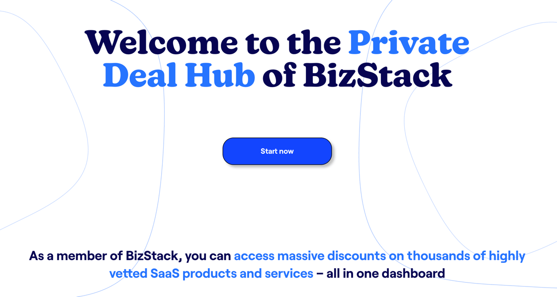Welcome screen for the gateway of BizStack with a 'start now' button and BizStack Perks explanation.