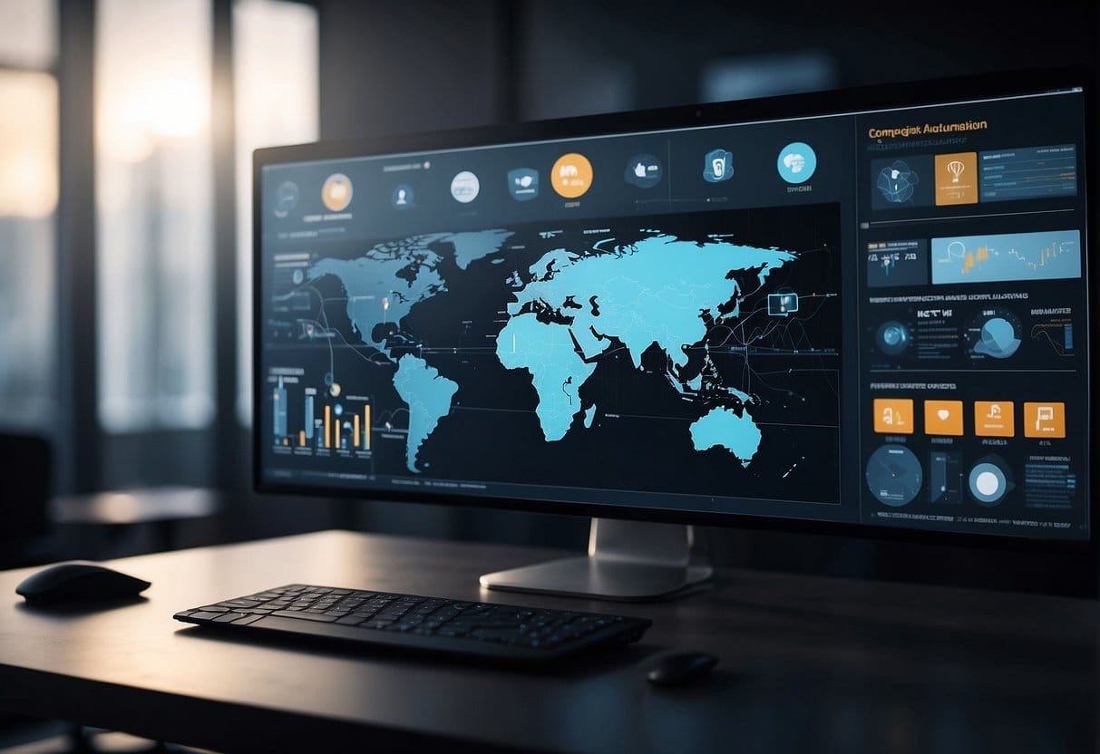 A computer screen displays various AI tools for digital marketing, with icons for marketing automation and campaign management
