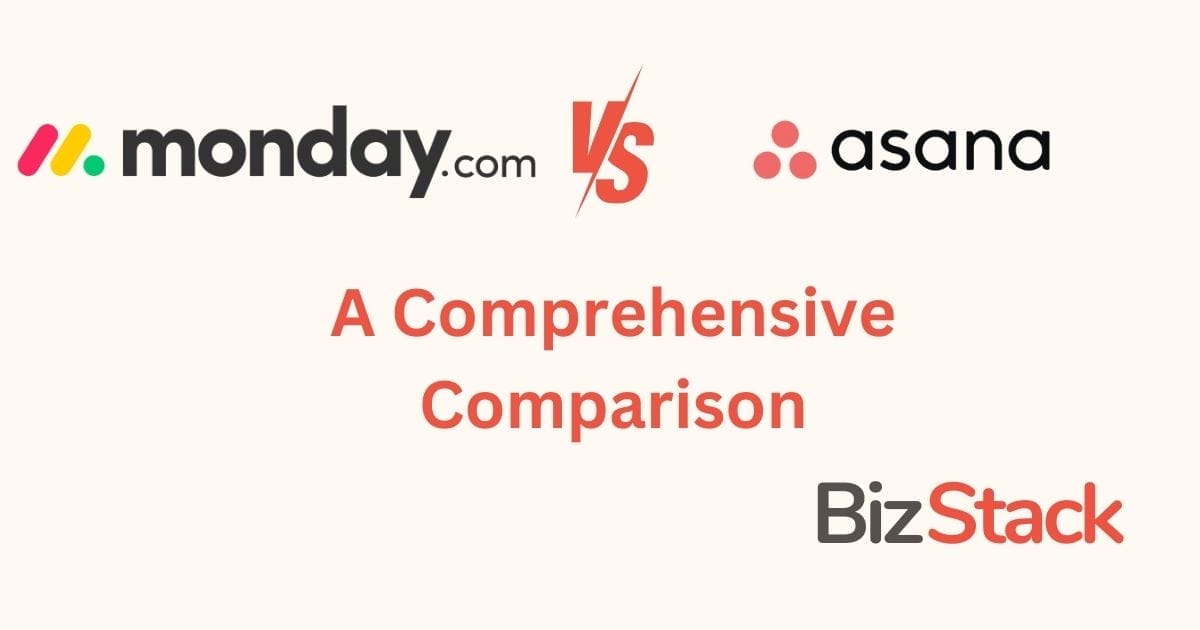 Comprehensive comparison graphic featuring monday.com versus Asana for project management software evaluation.
