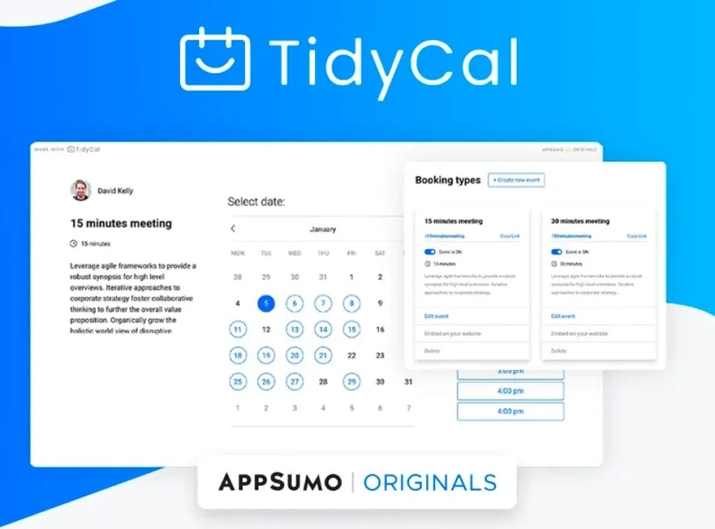 Screenshot of the tidycal scheduling interface showing various booking type options and calendar dates for appointment selection.