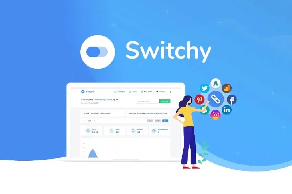 A person interacts with a social media management platform called "switchy," surrounded by social media icons.