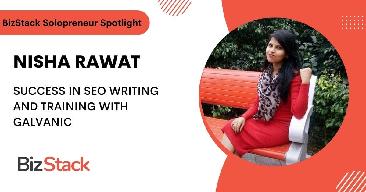 Promotional image featuring Nisha Rawat seated on a bench, highlighted for her success in SEO writing and training with Bizstack.