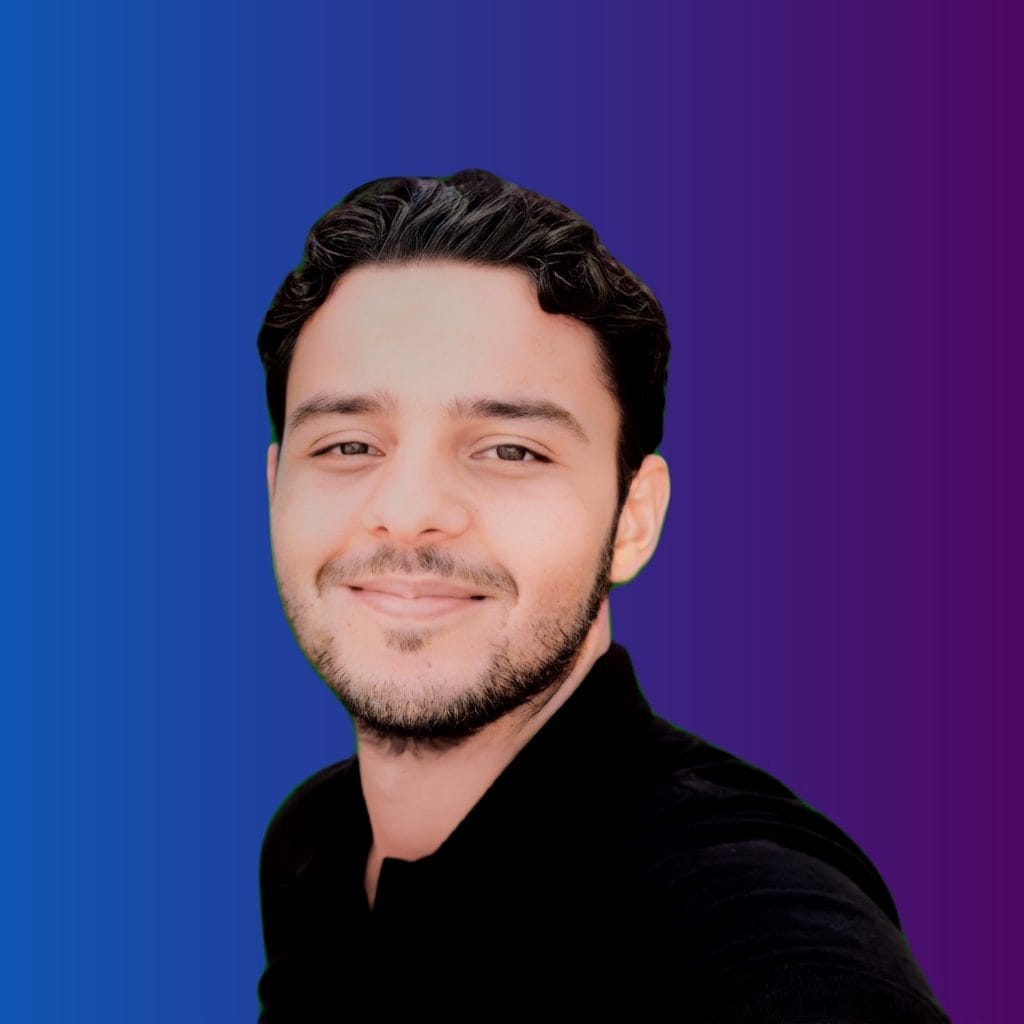 A portrait of Khalil Ben Cherifa smiling with a beard against a blue and purple gradient background.