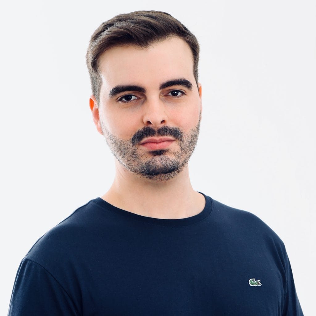 A man with a beard named Gabriel Gonzalez wearing a black t-shirt against a white background.