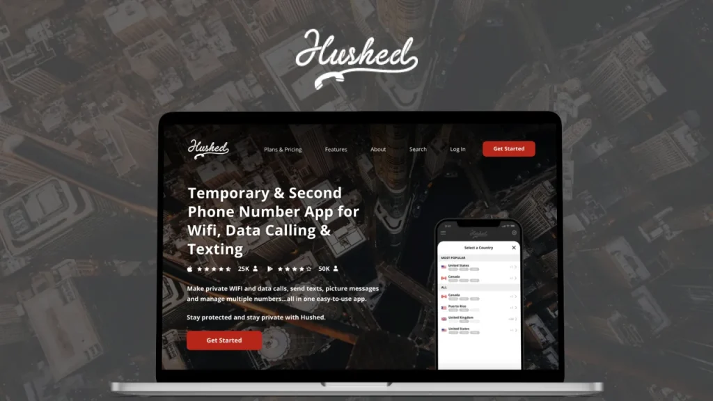 Featured image A website screenshot for "hushed," an app providing temporary and second phone numbers for wi-fi calling, texting, and voicemail.