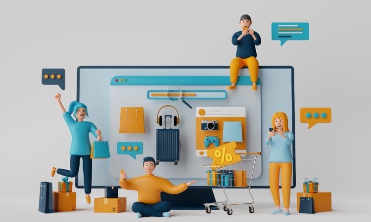3D illustration of diverse people engaging with an oversized computer screen displaying top 10 consumer services companies in e-commerce and online shopping elements.