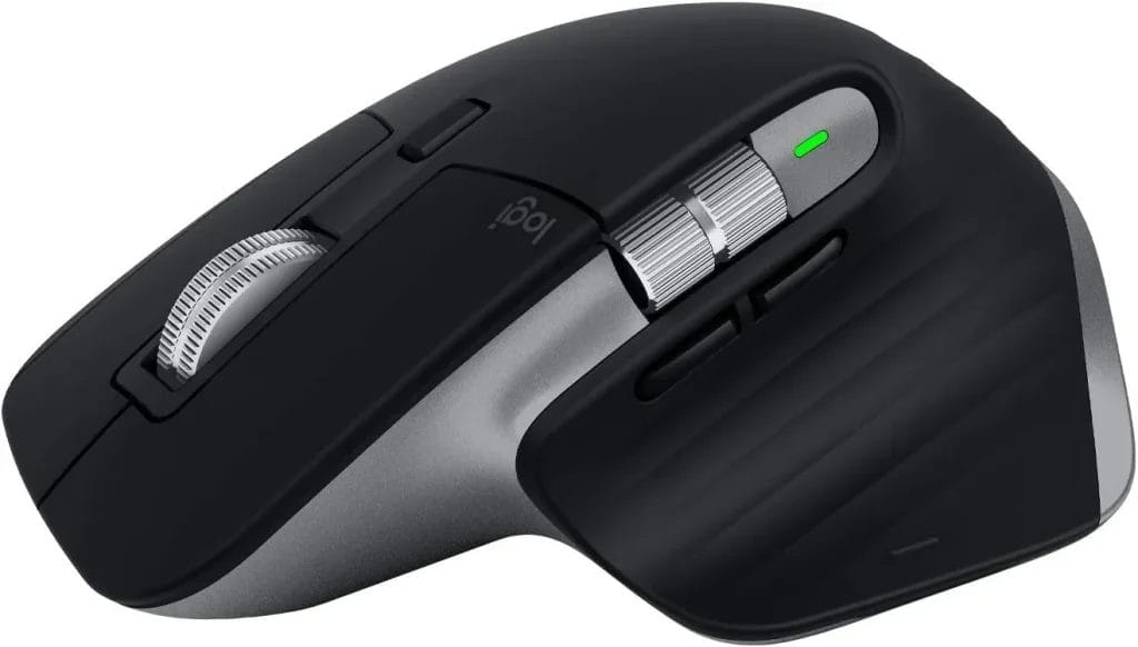 Logitech MX Master 3 Black wireless computer mouse with side buttons and a scroll wheel.
