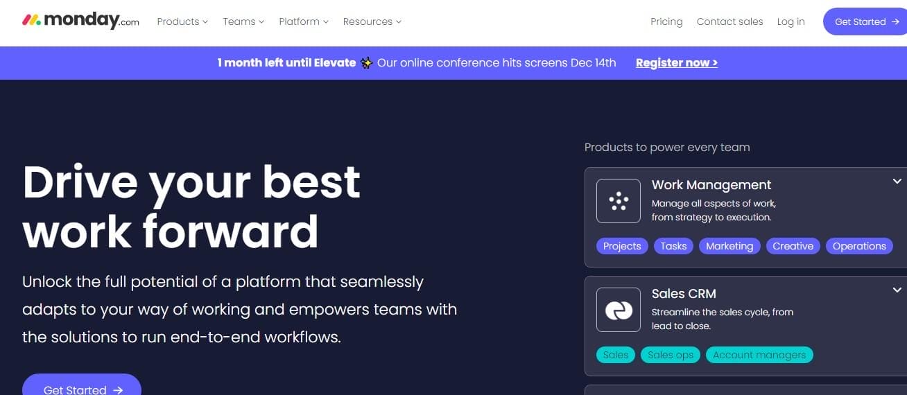 Screenshot of the homepage of monday.com featuring a navigation bar, a call to action for a mental health event, and various product categories like project management, and sales CRM.