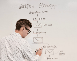 Man in glasses writing on a whiteboard with a workflow diagram for a shopping cart strategy using Pipedream.