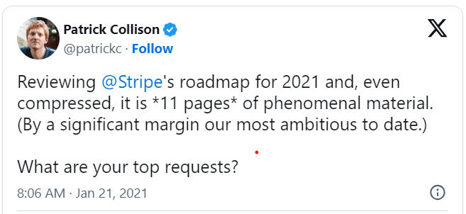 Twitter post by Patrick Collison reviewing Stripe's ambitious 11-page roadmap for 2021, asking for top requests from solopreneurs.