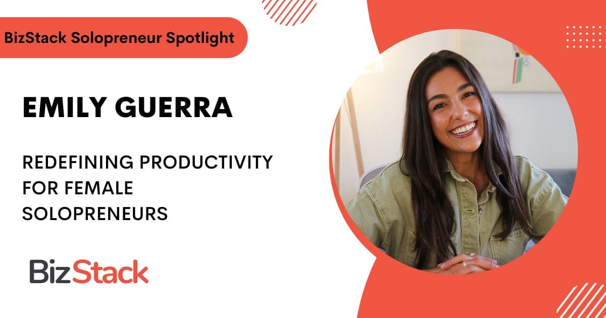Emily Guerra featured in BizStack Solopreneur Spotlight, discussing productivity strategies tailored for female solopreneurs.
