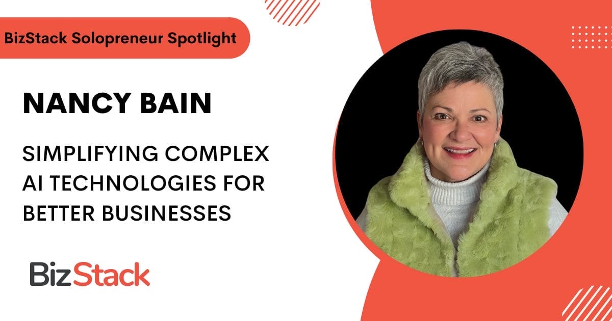 A promotional image titled "BizStack Solopreneur Spotlight" featuring Nancy Bain, showcasing her expertise in simplifying complex AI technologies for better businesses.
