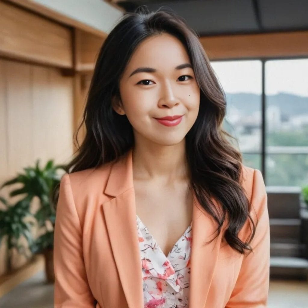 A woman with long dark hair, reminiscent of Soh Wan Wei's style, wearing a peach blazer and a floral top stands indoors with a window and plants in the background.