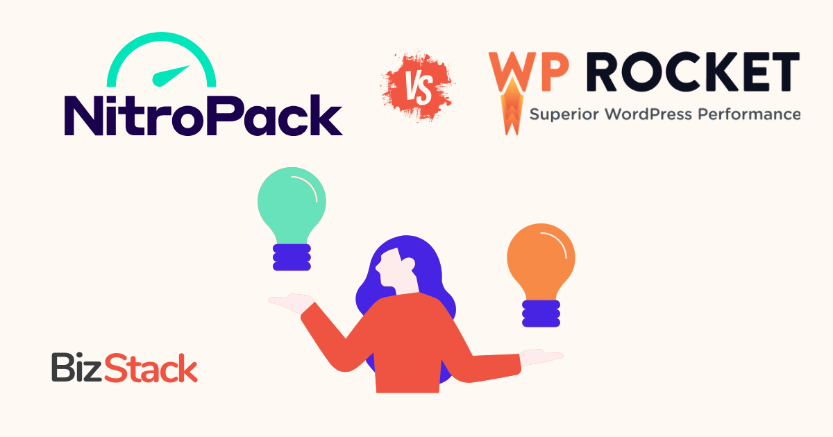 Illustration of a person juggling lightbulbs, comparing NitroPack and WP Rocket for website performance, with the BizStack logo at the bottom left.