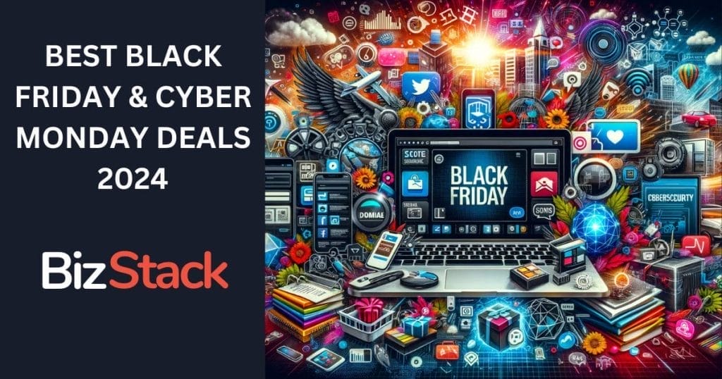 Colorful collage of technology and social media icons surrounding a laptop displaying "Black Friday." Text reads "Best Black Friday & Cyber Monday Deals 2024" with the BizStack logo, specially crafted for solopreneurs and entrepreneurs.
